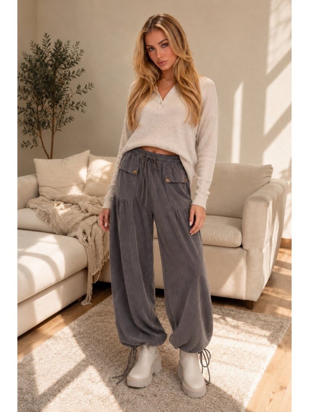 Easel Off Duty Mineral Washed Terry Knit Pants in Ash Blue Medium
